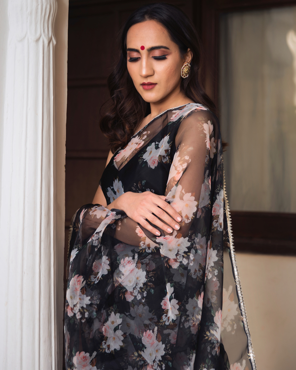 Black printed organza saree with cotton blouse - set of two 3