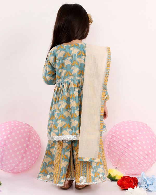 Blue and yellow birds printed kurta with sharara and dupatta - set of three 1