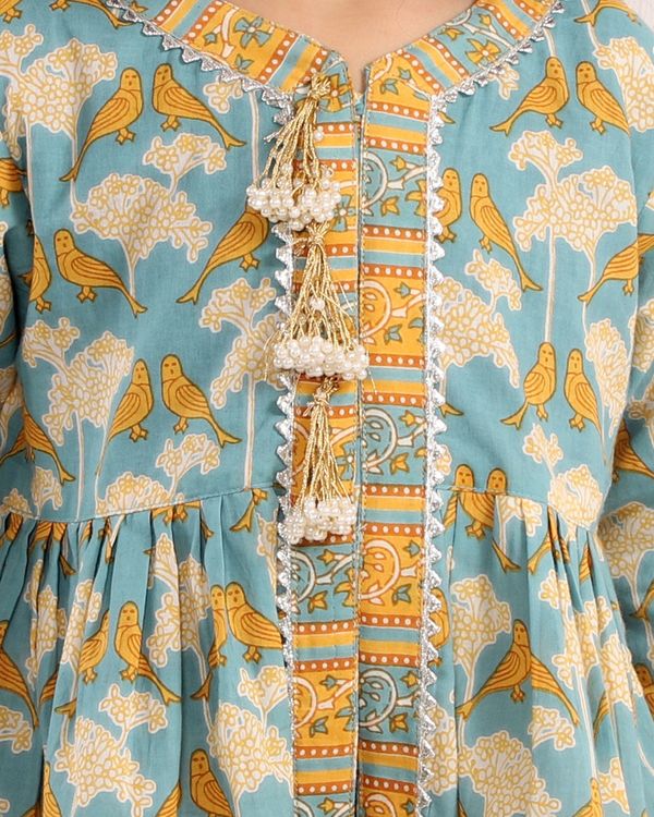Blue and yellow birds printed kurta with sharara and dupatta - set of three 2