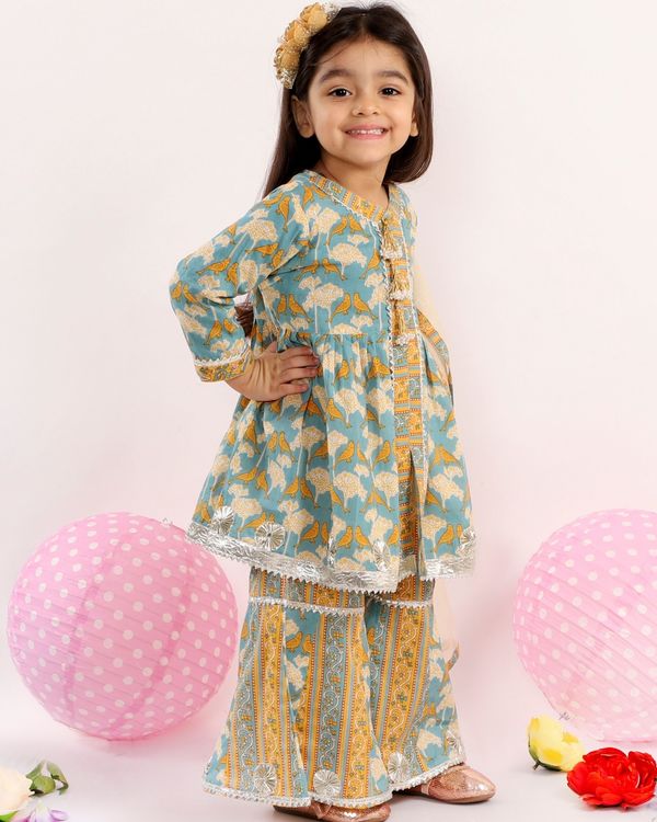 Blue and yellow birds printed kurta with sharara and dupatta - set of three 3
