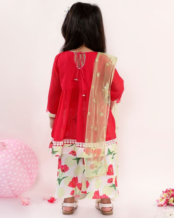 Red and white tulip prints kurta with palazzo and dupatta - set of three 1