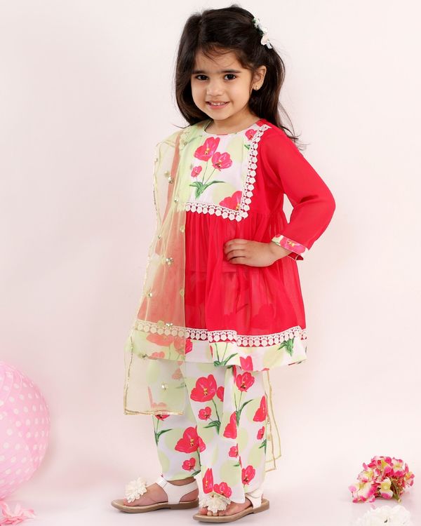Red and white tulip prints kurta with palazzo and dupatta - set of three 3