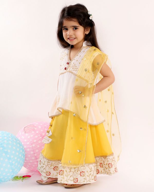 White and yellow sequin flower embroidered lehenga set - set of three 3