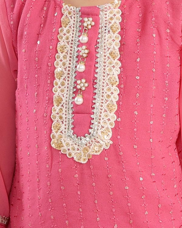 Pink embroidered kurta and floral printed skirt with dupatta - set of three 2