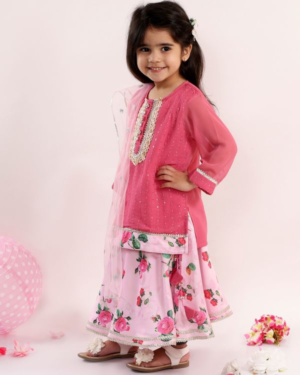 Pink embroidered kurta and floral printed skirt with dupatta - set of three 3