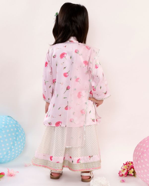 Baby pink rose printed kurta with off-white skirt and dupatta - set of three 1