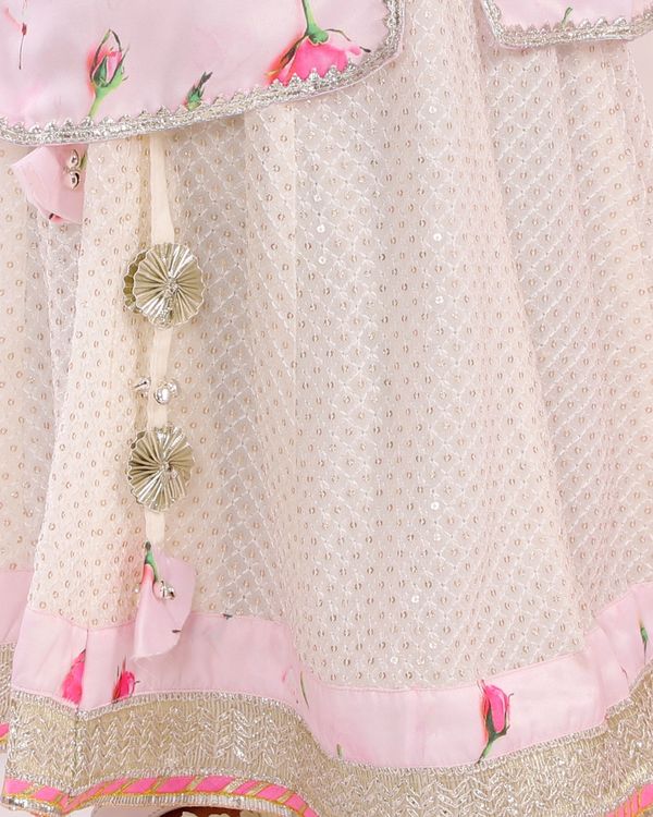 Baby pink rose printed kurta with off-white skirt and dupatta - set of three 2