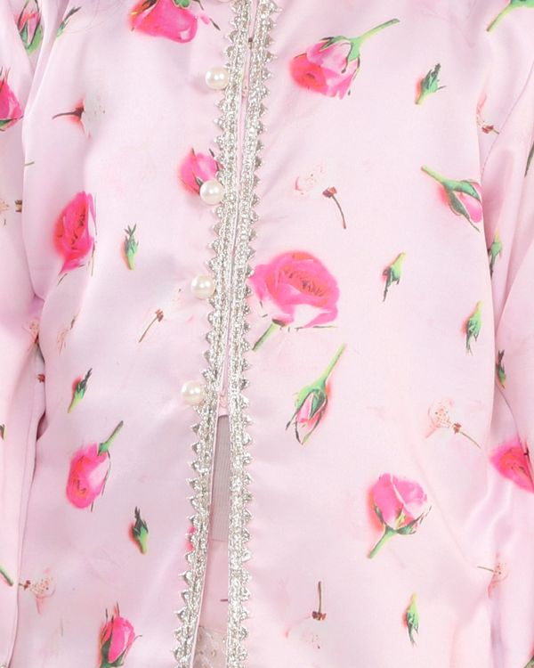 Baby pink rose printed kurta with off-white skirt and dupatta - set of three 3