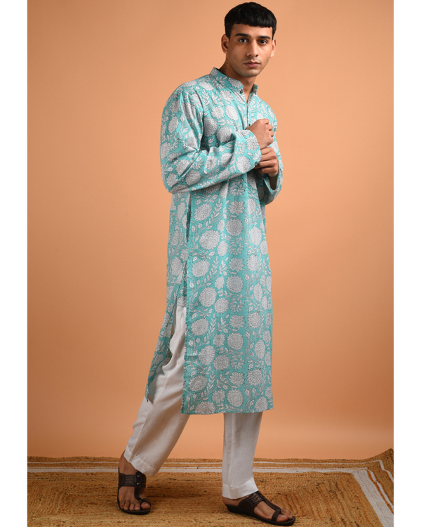 Green hand block printed kurta 3