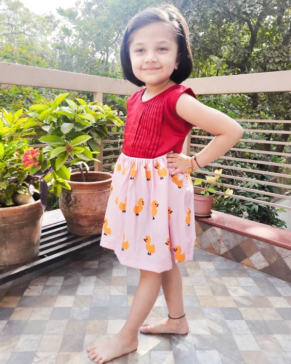 Maroon and pink duck printed frock 1