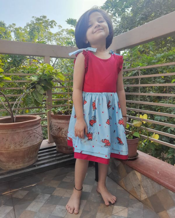Red and blue elephant printed frock 1