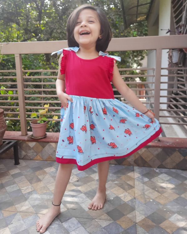 Red and blue elephant printed frock 2