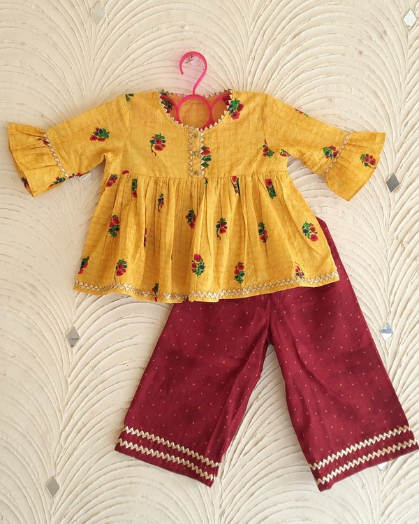 Yellow floral printed peplum top with maroon palazzo - set of two 1