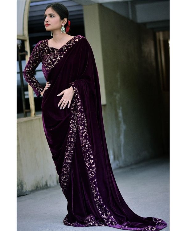 Violet velvet sequins embroidered saree 1