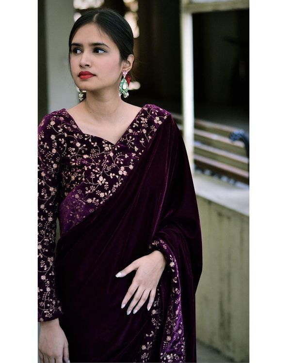Violet velvet sequins embroidered saree 2