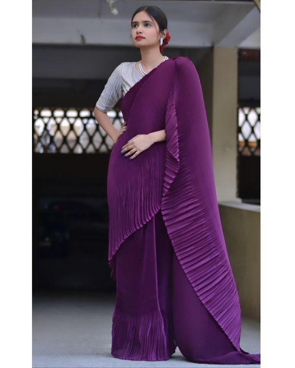 Violet pleated satin georgette saree 1