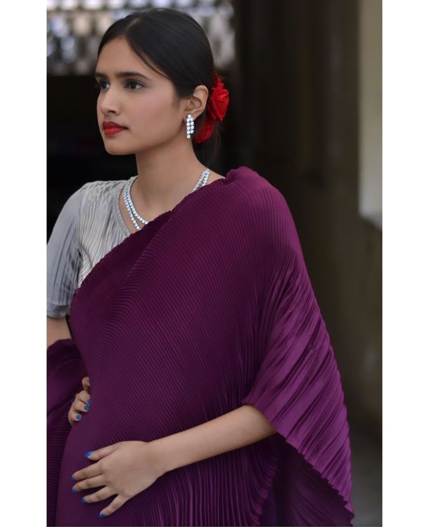 Violet pleated satin georgette saree 2