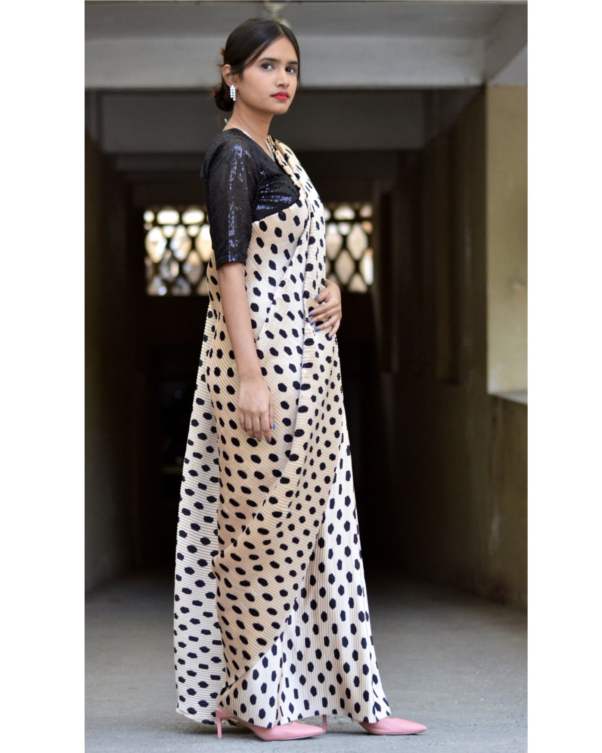 Polka dot georgette saree - House Of Anecdotes – House of Anecdotes