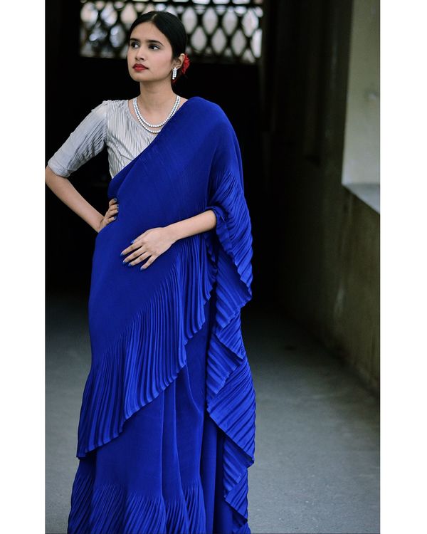 Blue pleated satin georgette saree  1