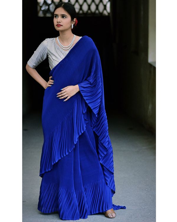Blue pleated satin georgette saree  2