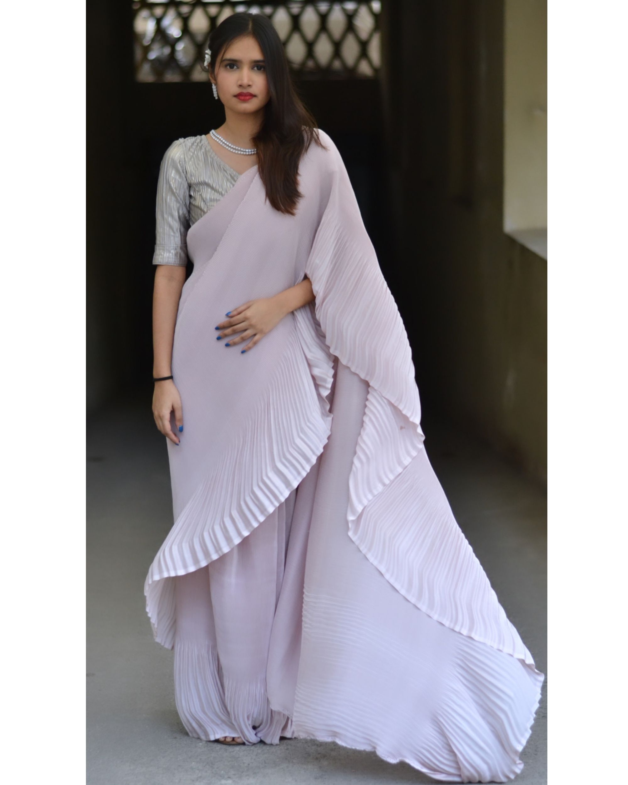 Lycra Fabric Ready Pleated Grey Saree