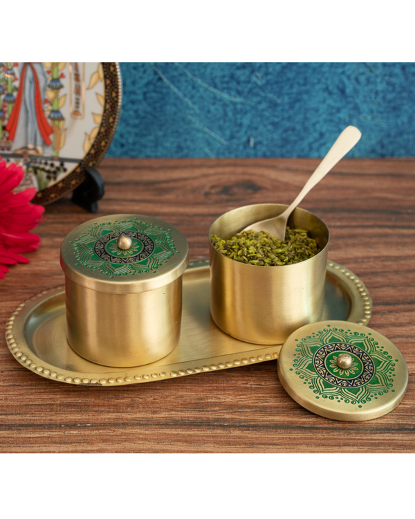 Green hand painted alpana designed condiment jars with tray and spoon - set of four 2