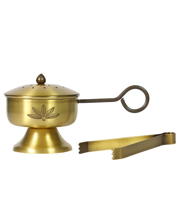 Leaf engraved antique brass fumer with tong - set of two 2