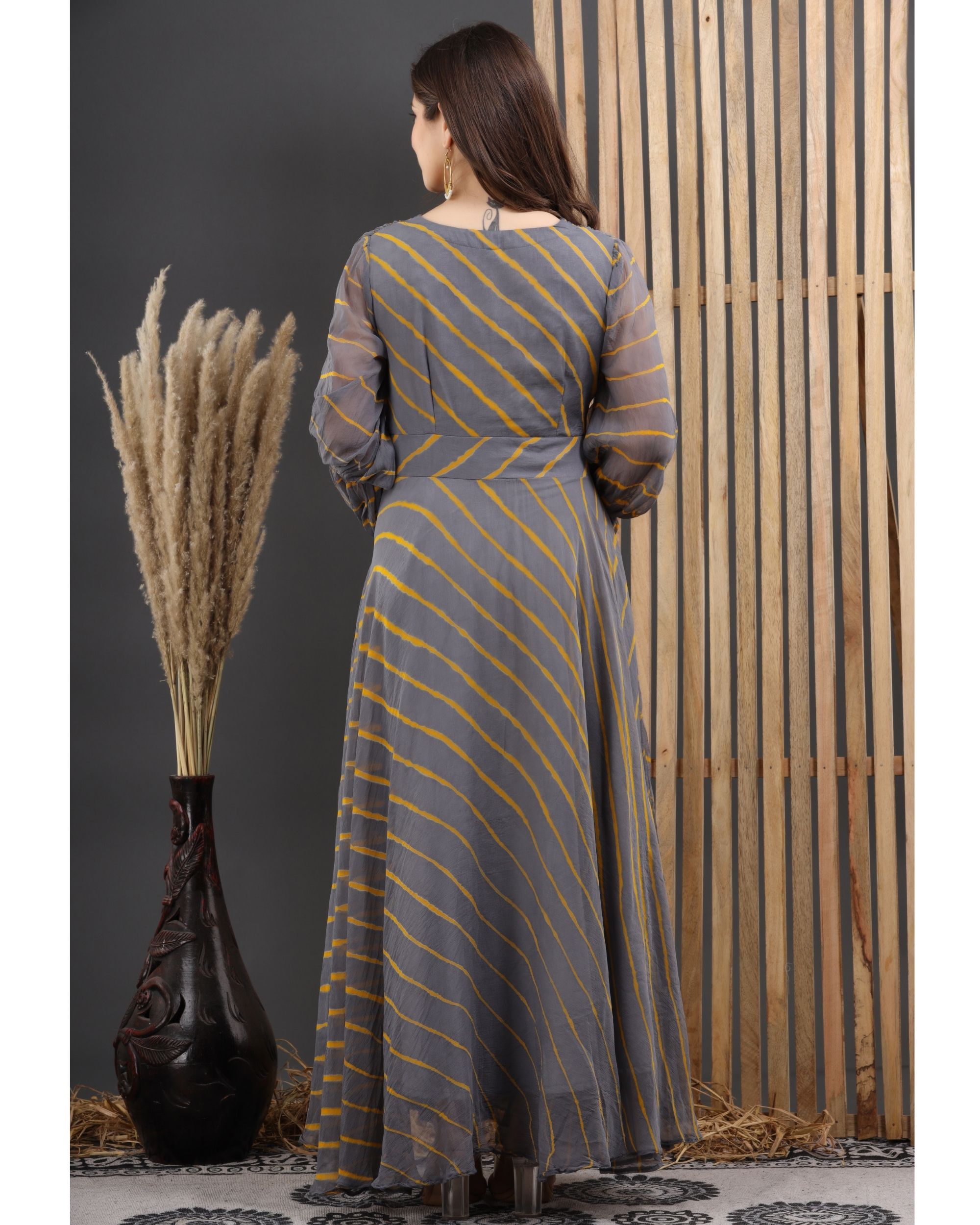 Grey And Yellow Striped Leheriya Anarkali Dress By Chokhi Bandhani The Secret Label 