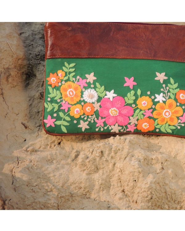Green and pink floral embroidered leather clutch 1