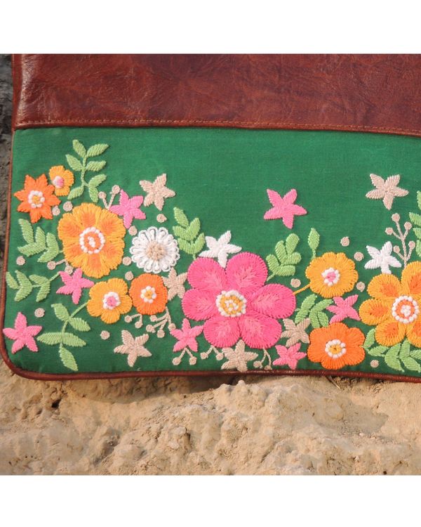 Green and pink floral embroidered leather clutch 2