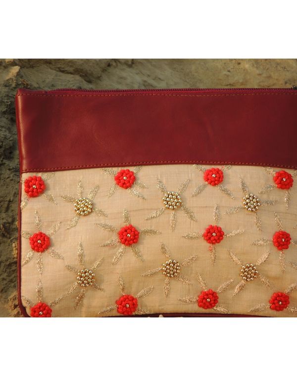 Beige and orange floral moti embroidered leather clutch 2