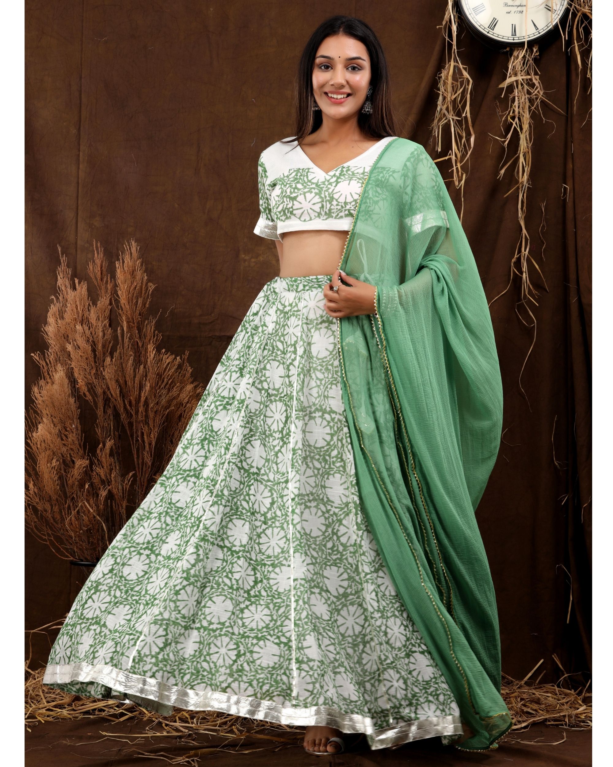 White and green combination panetar style lehenga choli Code : 2377 Lehenga  : Fabric - silk and velvet Work - patch work Dori and… | Instagram