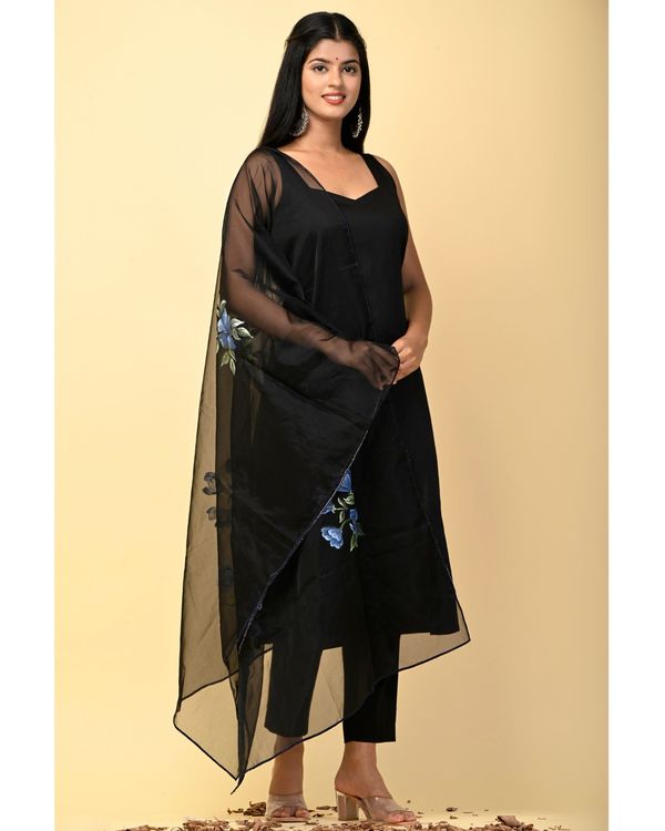 Black and blue floral hand painted dupatta 1