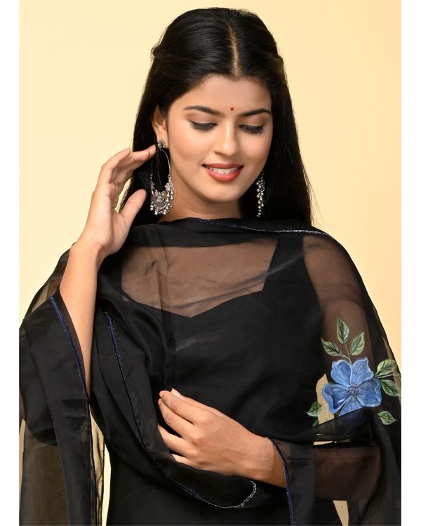 Black and blue floral hand painted dupatta 2