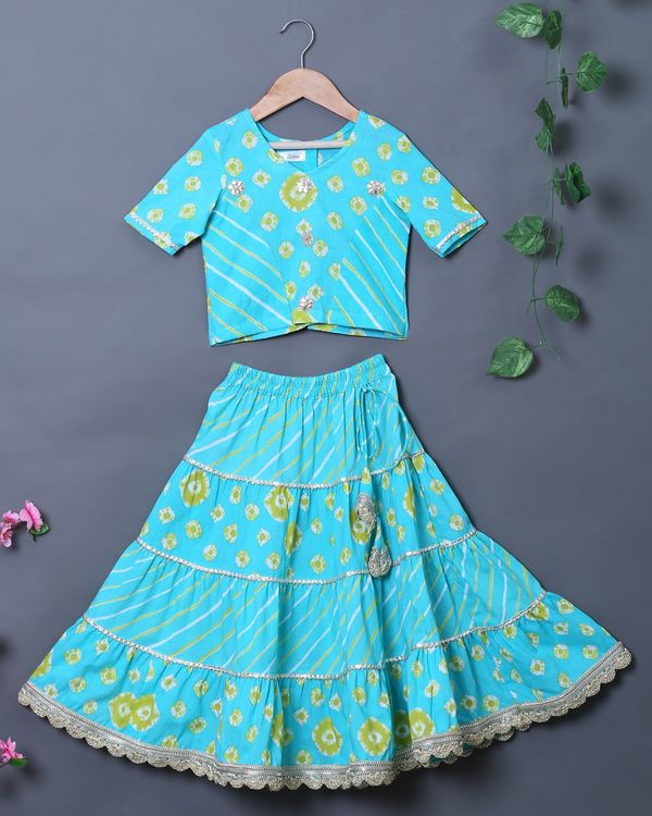Aqua blue bandhej leheriya lehenga set - set of three 2
