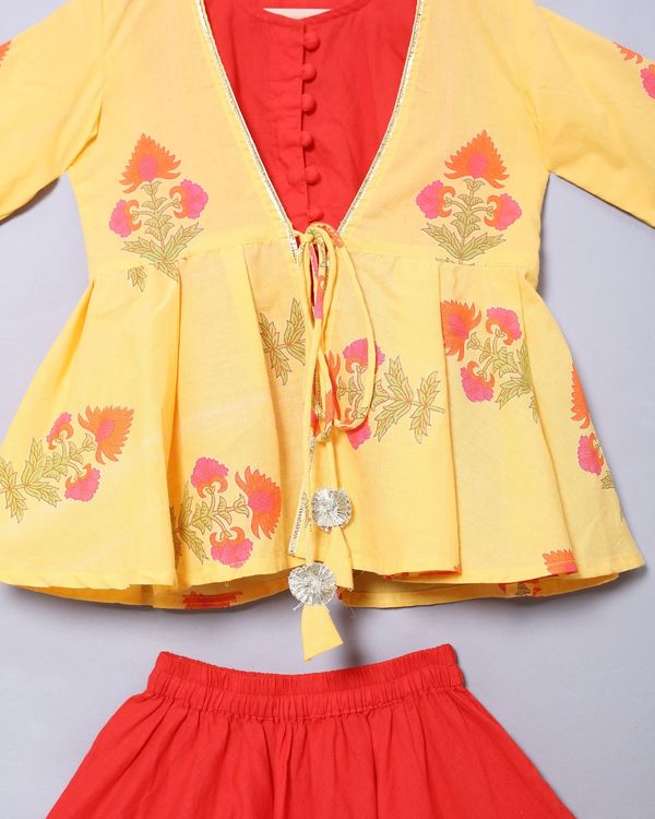 Yellow and red floral printed lehenga set - set of three 2