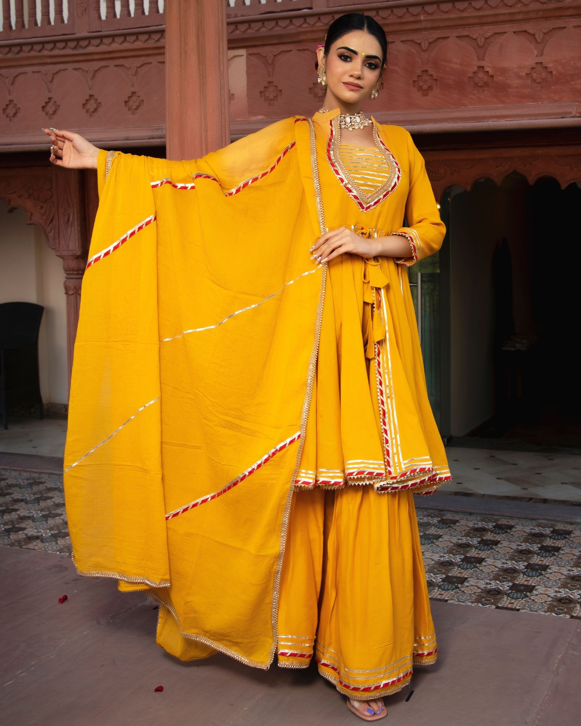 Buy Yellow Gota Patti Work Chiffon Sharara Suit Ready Made (44 Size) Online