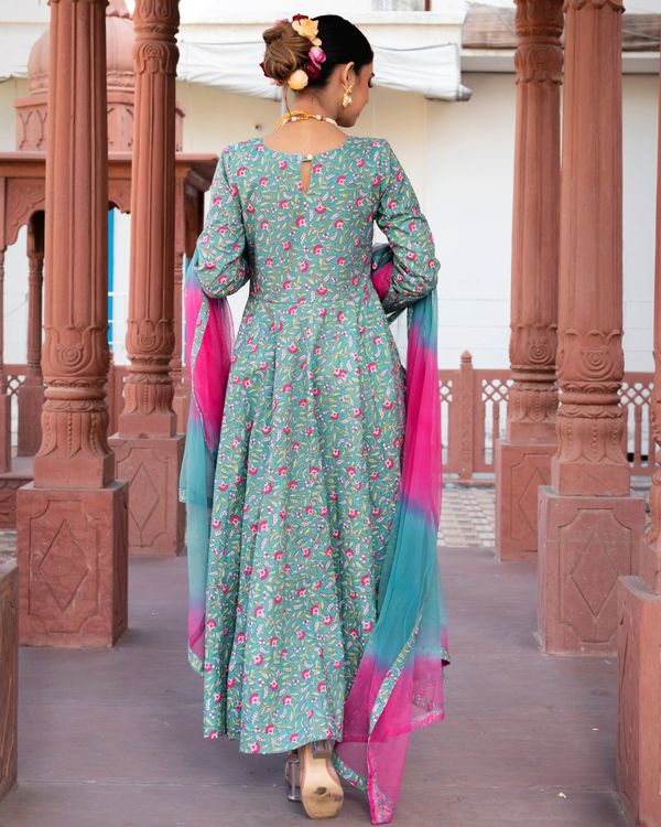 Green and pink floral printed anarkali suit set - set of three 1