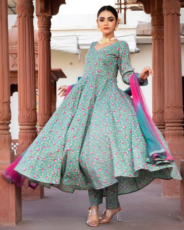 Green and pink floral printed anarkali suit set - set of three 2