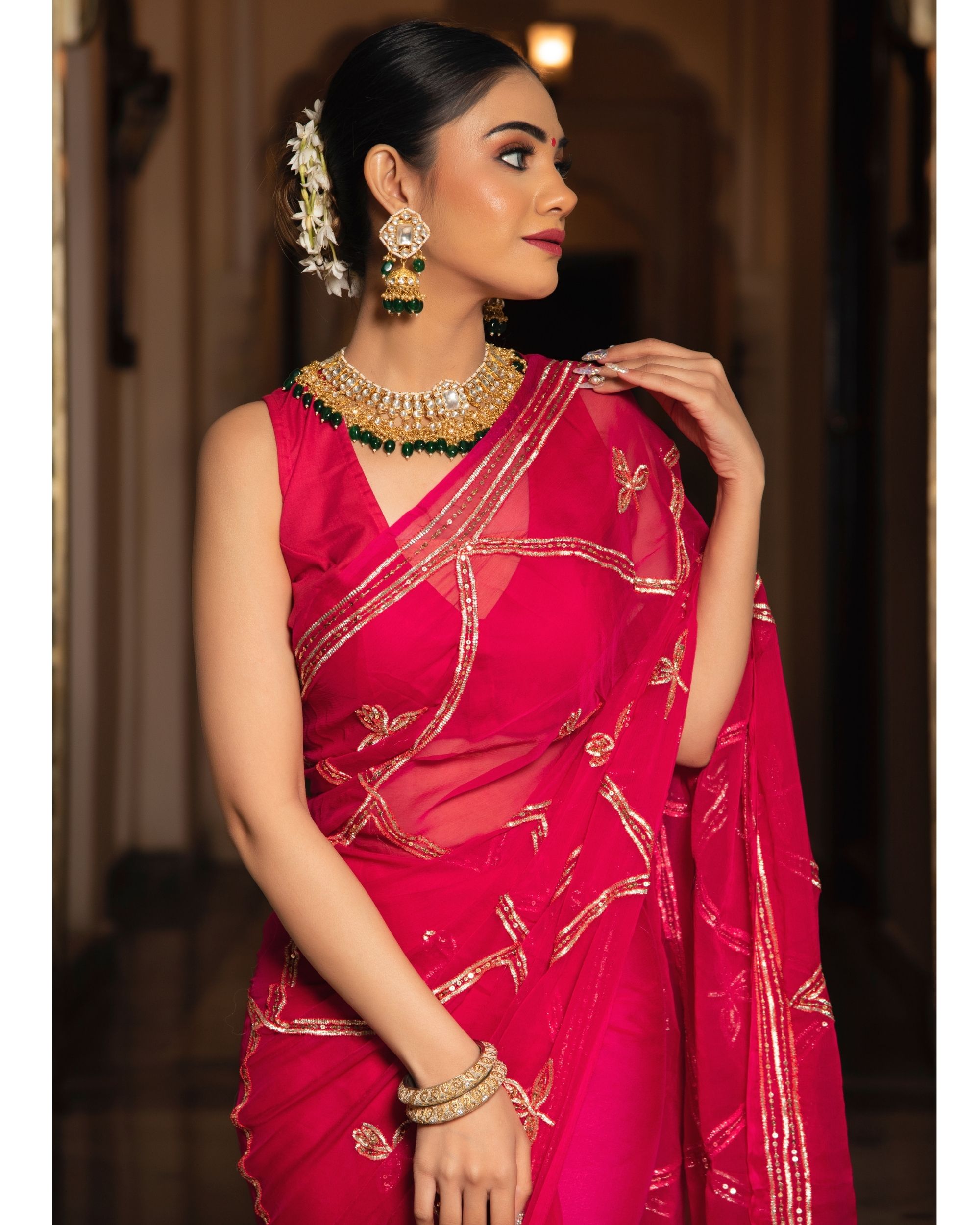 Rani pink embroidered chiffon saree by Calmna | The Secret Label