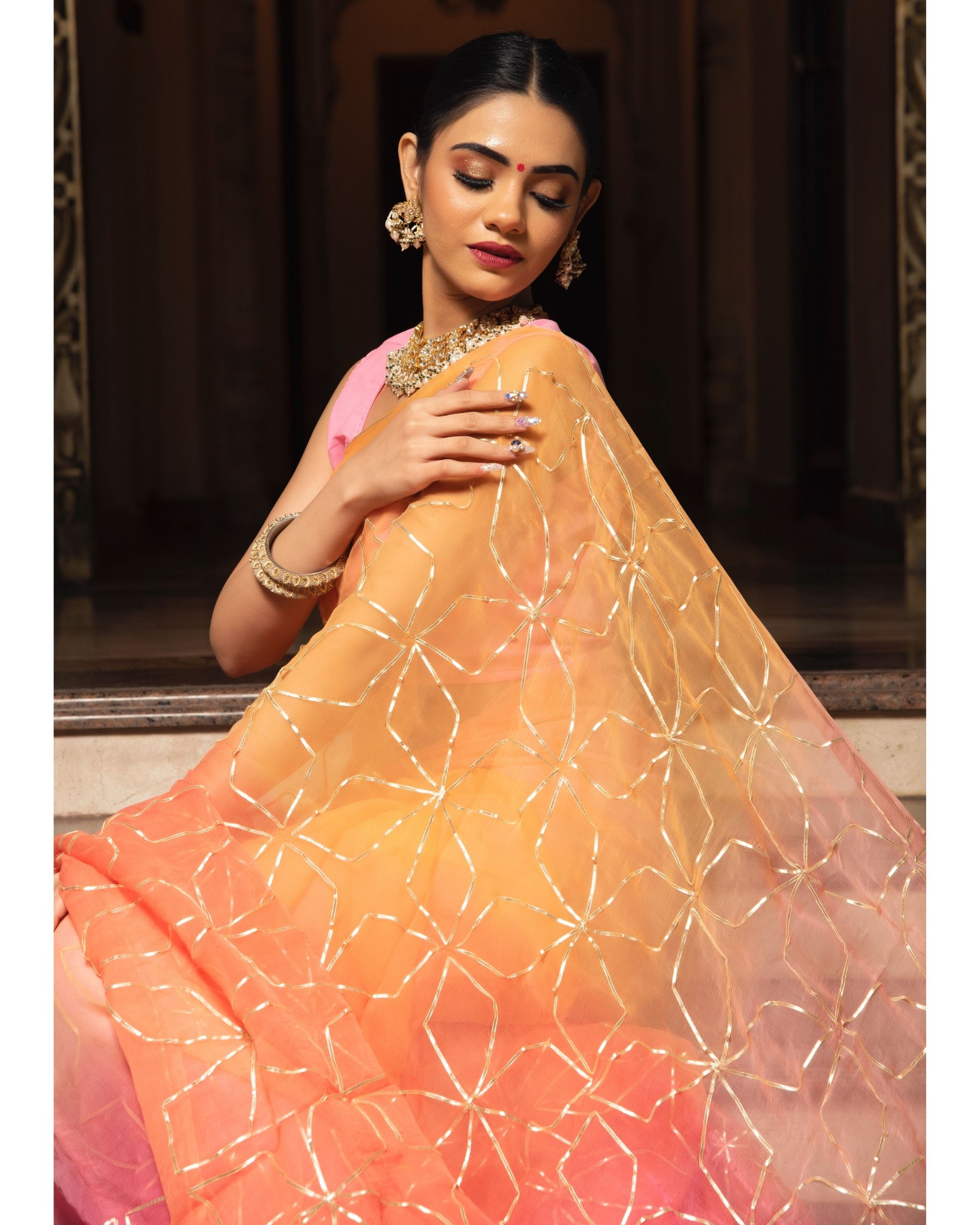 Buy Koskii Pink Gotapatti Georgette Embellished & Embroidered Saree with  Unstitched Blouse online