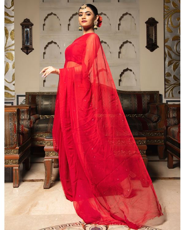 Red mukaish work pure chiffon saree 1