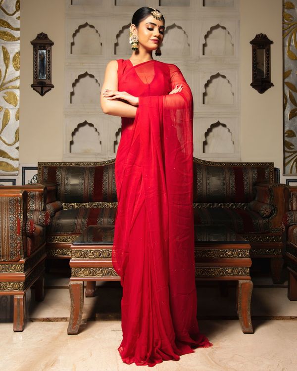 Red mukaish work pure chiffon saree 2