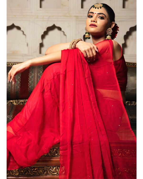 Red mukaish work pure chiffon saree 3