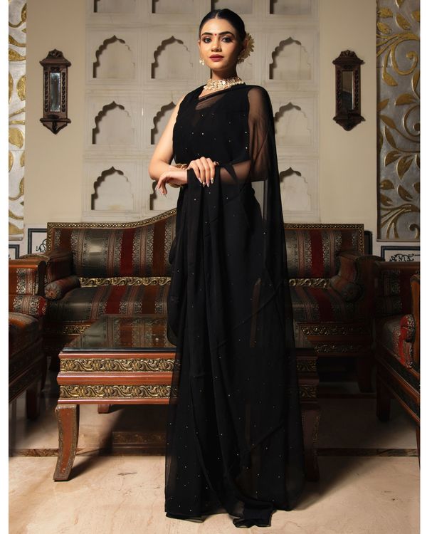Black mukaish work pure chiffon saree 1