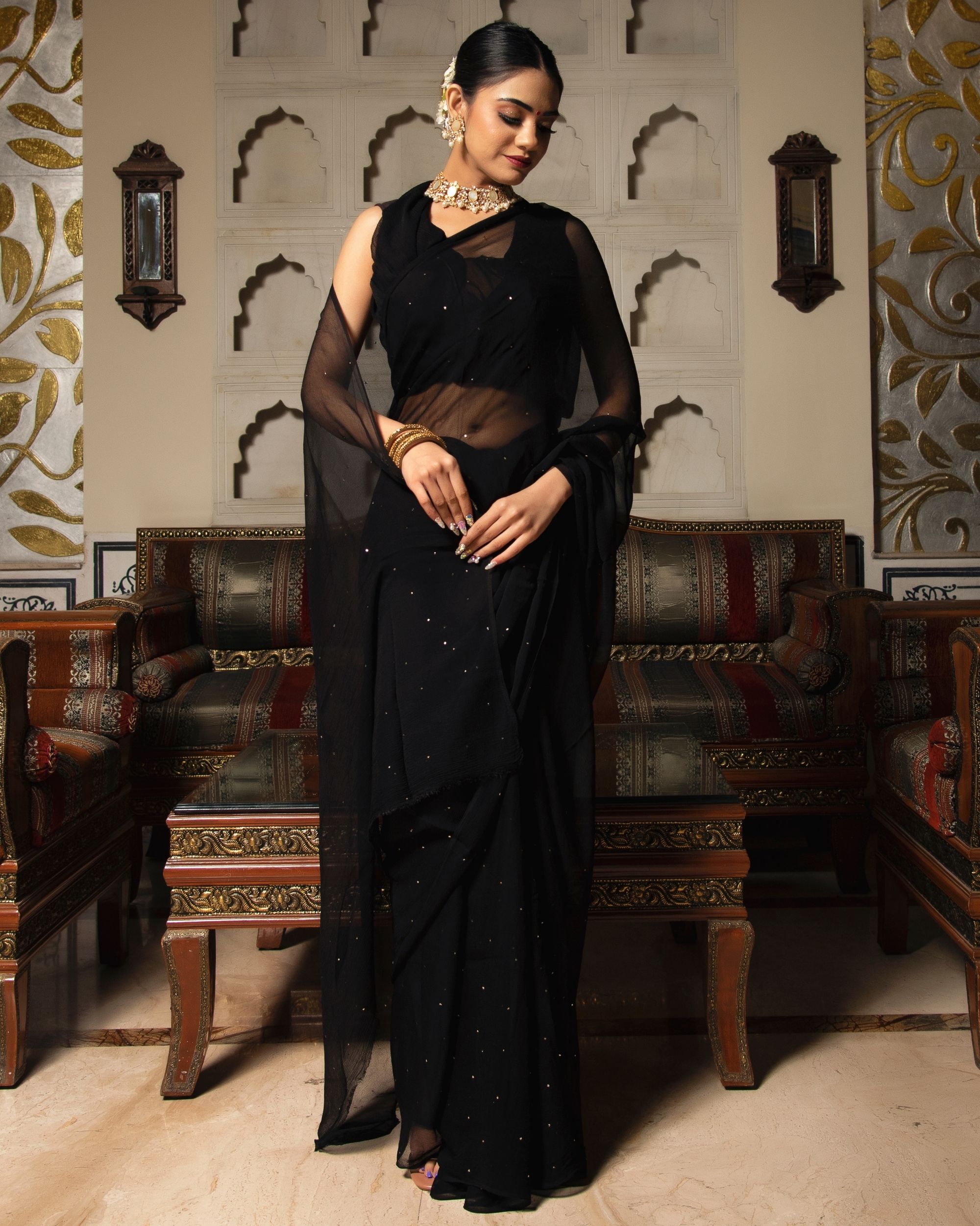 Dark Green Color Chiffon Saree with designer blouse – TYAAR INDIA