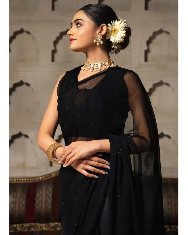 Black mukaish work pure chiffon saree 3