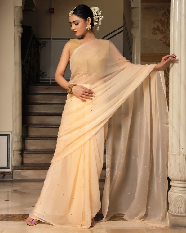 Beige mirror work pure chiffon saree 1