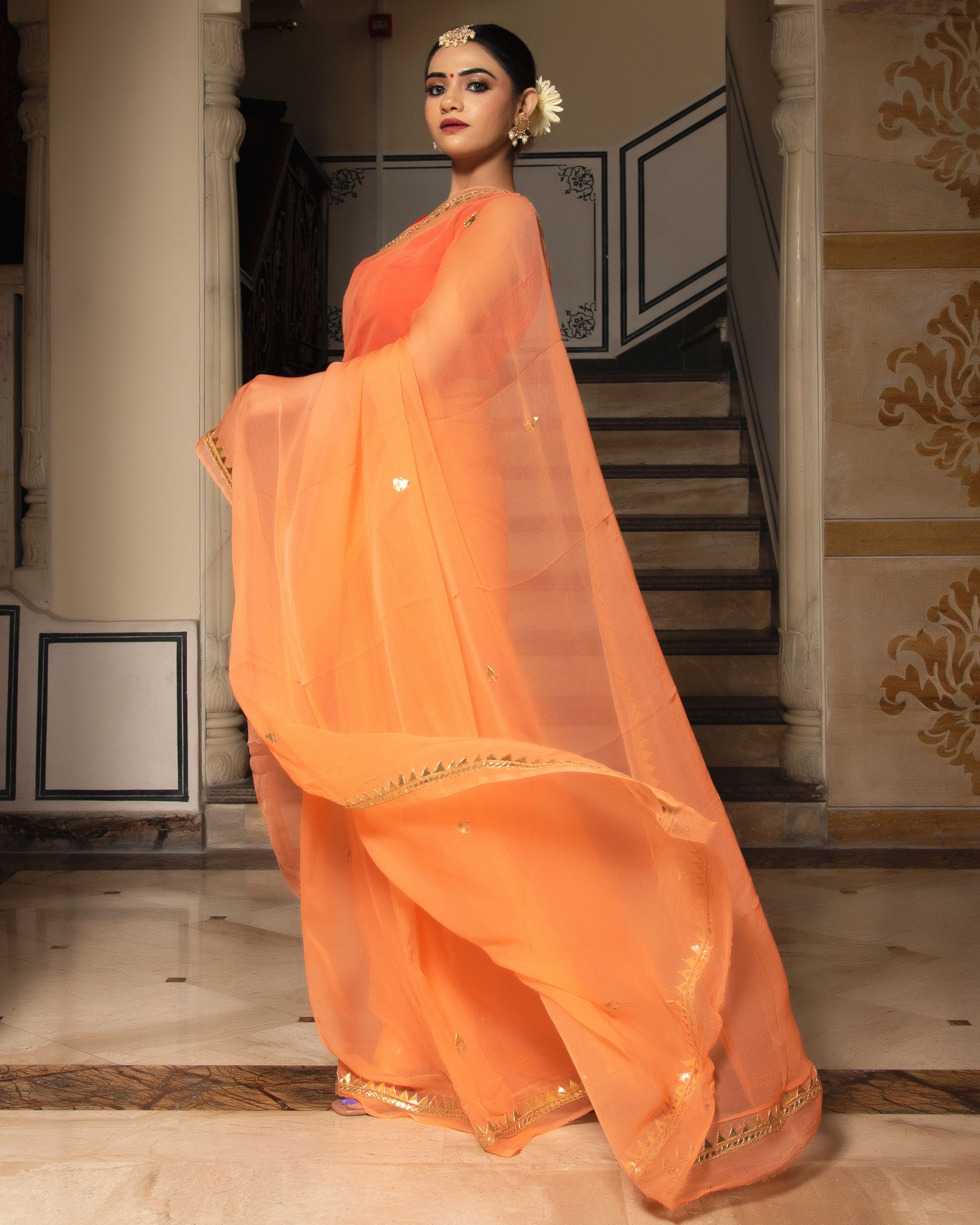 Tangy Orange Gota Patti Pure Chiffon Saree By Calmna The Secret Label