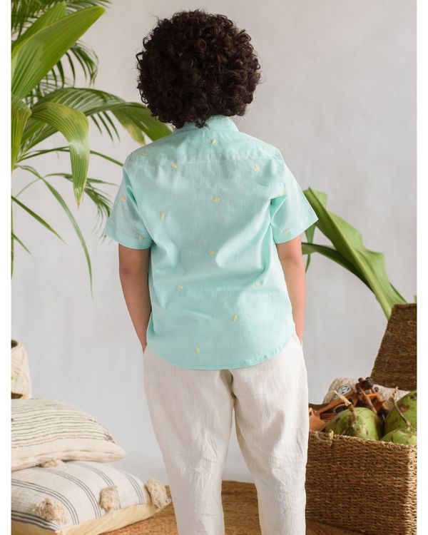 Cyan leaves embroidered cotton shirt 2
